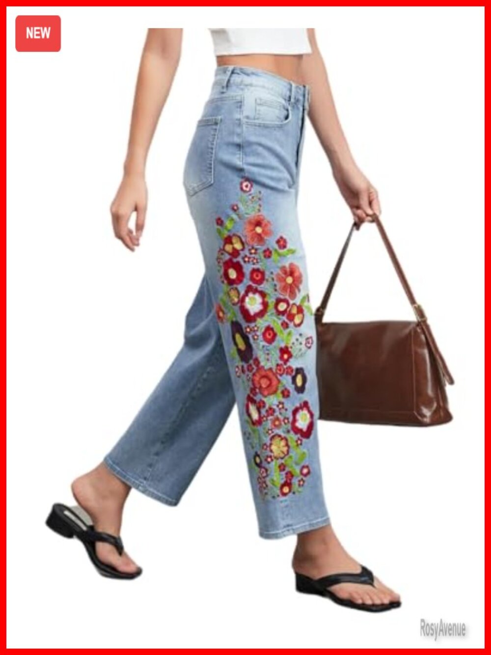 Straight Leg Cropped Jeans Mid Rise Floral Print Boho Casual Ankle Denim